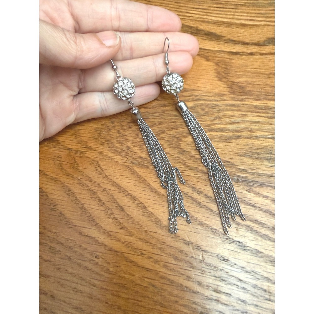 Silver Pave Disco Ball Tassel Dangle Earrings Rhinestone Chain Drop 4 Inch